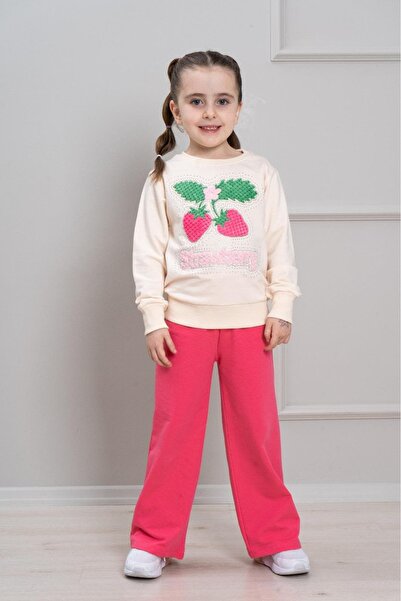 LUFFY KİDS Girl's Patterned 2-Yarn Wide-Leg Sweatpants Set - 2036