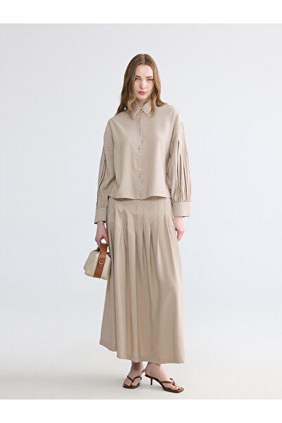 LC Waikiki Beige Modal Textured Pleated Skirt