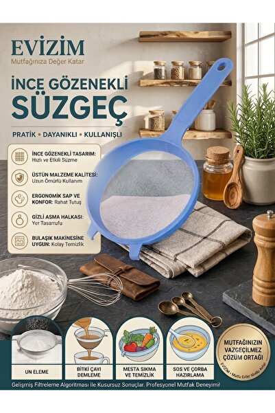 Evizim Plastik Saplı İnce Gözenekli Süzgeç Çay Un Meyve Sebze Mutfak Süzgeci