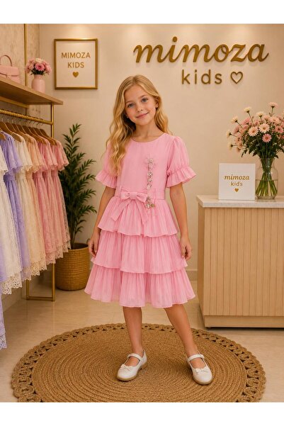 Mimoza Kids Kız Çocuk Balon Kollu Elbise ( Kolye Hediyeli )