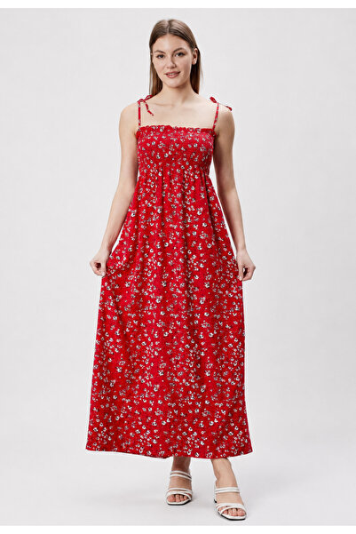 exxitcollection Patterned Cotton Long Summer Red Patterned Women's Dress - Sh...