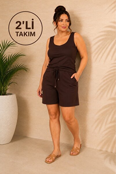 FOR ESRA BIG TREND Women's Plus Size Sleeveless Square Neck Shorts Elastic Wa...