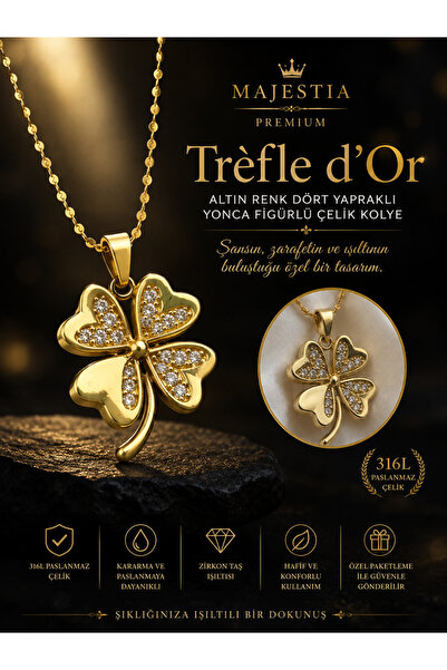 Majestia Trèfle d’Or Altın Renk Dört Yapraklı Yonca Figürlü Çelik Kolye – 316...
