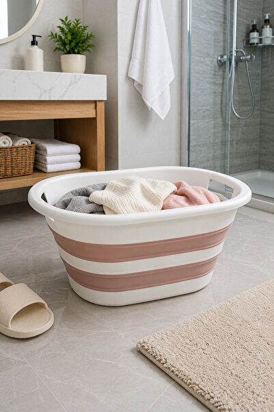 EMİLA HOME Katlanır Silikon Çamaşır Sepeti Pembe Beyaz 38 Lt