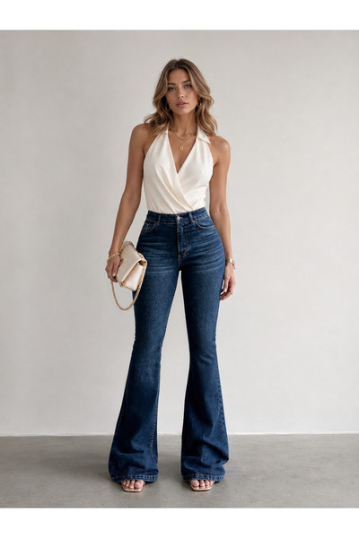 SHEVEGA Navy Blue High Waist Lycra Spanish Leg Jeans