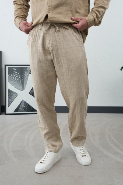 duo fideles Men's Linen Relaxed Fit Elastic Waist Lace-Up Trousers