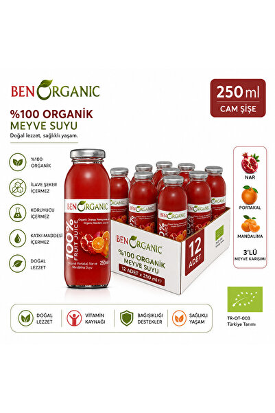 Benorganic ORGANİK PORTAKAL-NAR-MANDALİNA SUYU CAM ŞİŞE 250 ML X 12