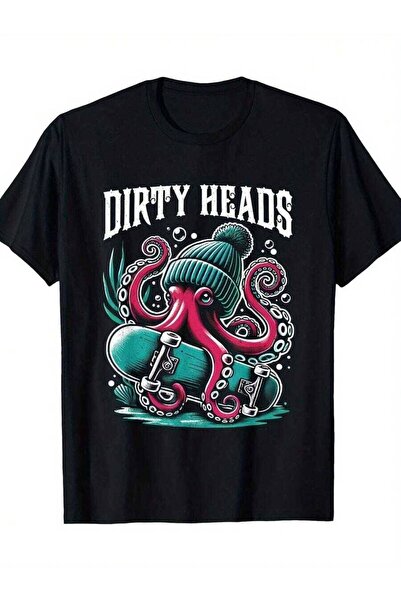 01THEONE تي شيرت أسود بتصميم DIRTY HEADS - نص أبيض جريء، أخطبوط وردي أنيق مع ...
