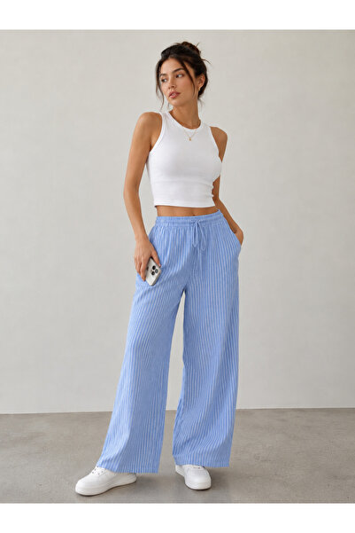Modella Life Women's Elastic Waist Striped Linen Trousers with Pockets Loose ...