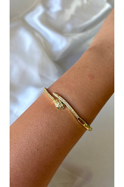 Eylülün Takısı Women's Gold Color Stone Snake Model Handcuff Bracelet