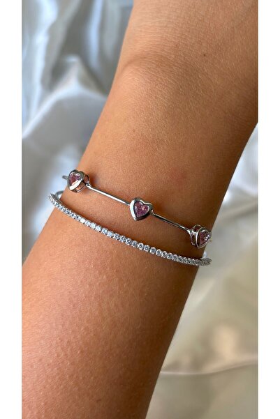 Eylülün Takısı Women's Silver Color Stone Heart Double-Looking Bracelet