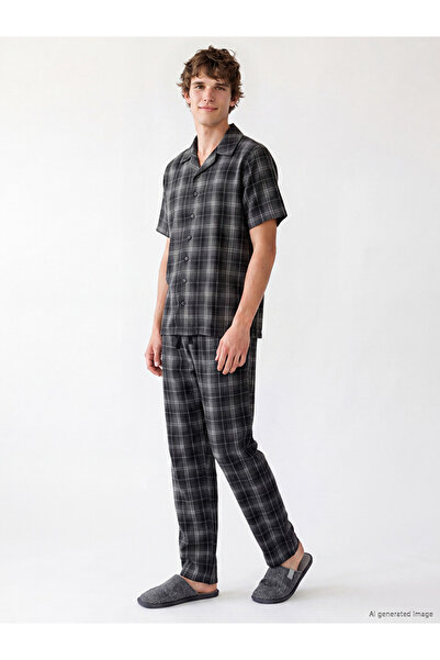 LC Waikiki Standard Fit Checked Embroidered Men's Pajama Set for Style Enthus...