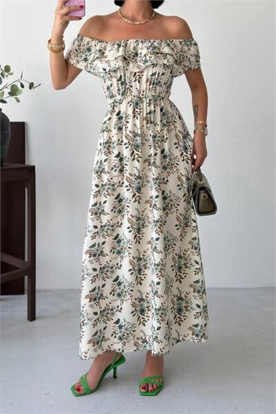 Neşeli Butik Women's Green Madonna Collar Ruffle Detailed Patterned Midi Leng...