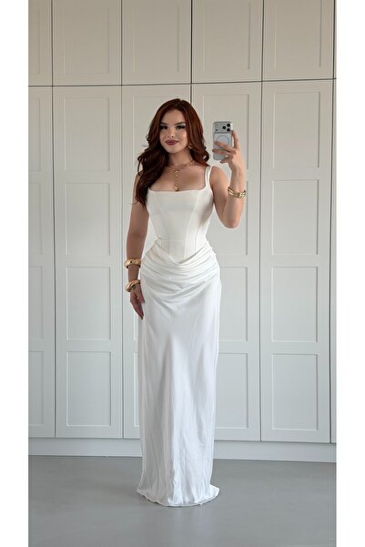 AYŞENUR DİNÇER Sofia Drape Saten Uzun Elbise Beyaz