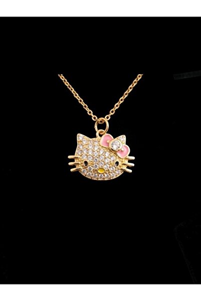 deryora Hello Kitty Kolye Pembe Fiyonklu Taşlı Figürlü Gold Kolye Zirkon Taşl...