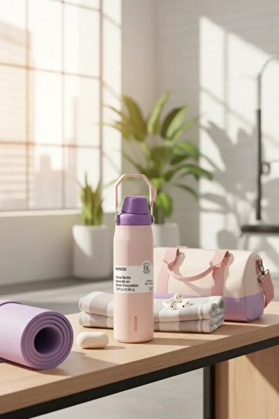 Miniso Lisanslı Saplı Paslanmaz Çelik Şişe 840 mL – Çift Katmanlı Pembe