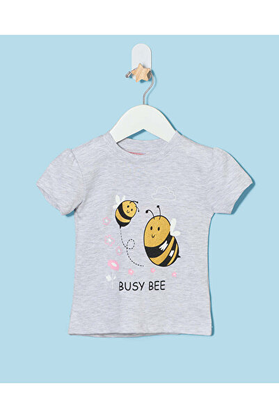 REDTAG Infant Girls Grey Melange Chest Print T-Shirt