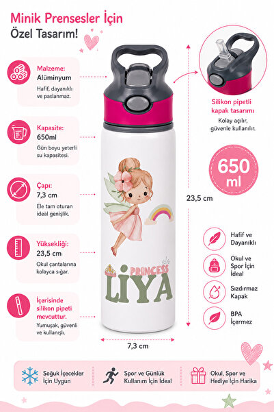 veracraft Kişiye Özel İsim Baskılı Peri Temalı Çocuk Suluk 650 ml - Alüminyum...