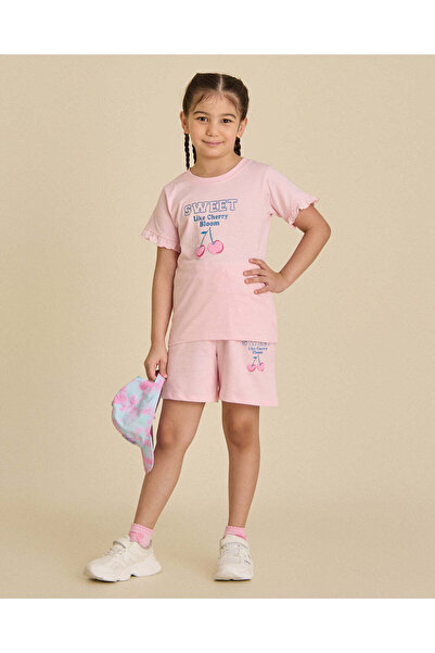 REDTAG Girls Light Pink T-Shirt And Terry Shorts Set