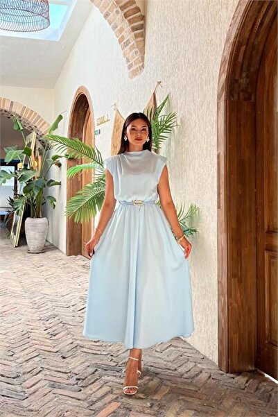 Neşeli Butik Γυναικείο φόρεμα σε μπλε βρεφικό χρώμα με επένδυση στους ώμους, ...
