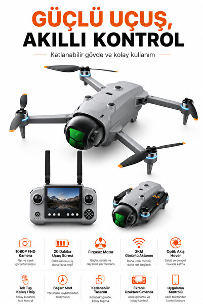 Ayers Premium A26 Katlanabilir 1080P FHD Kameralı Drone, Ekranlı Kumanda, Fır...