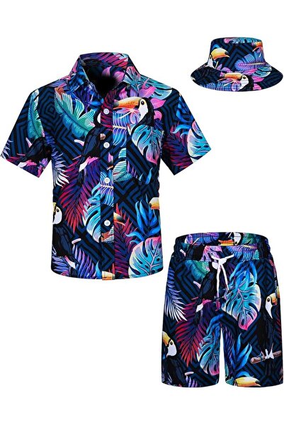 OEM Boys Hawaiian Shirt & Shorts Set Tropical Print with Hat 2-Piece – Blue 3-4T