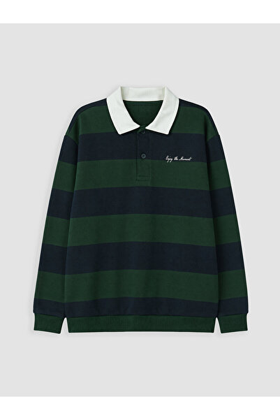 LC Waikiki Green Polo Collar Striped Boys' Sweatshirt