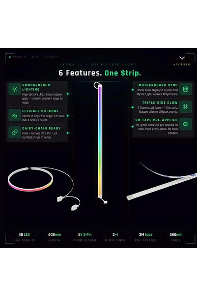 Generic AURA L1 NEON ARGB LED Strip Light PC — 40 LED, 408mm Flexible Silicone, 5V 3-Pin, Motherboard Sync, Addressable RGB Strip for PC Case