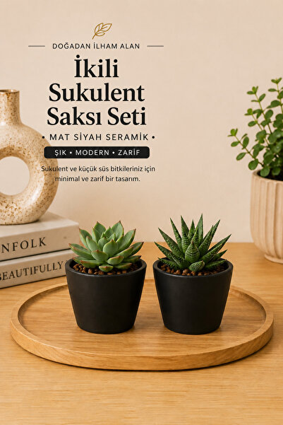 Buywell 2’li Mat Siyah Seramik Sukulent ve Küçük Süs Bitkileri Saksısı Seti –...
