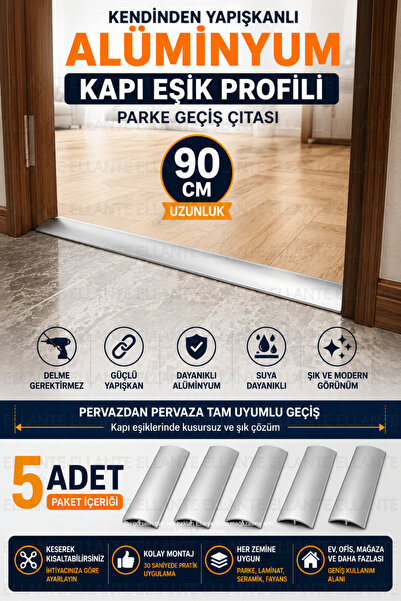 ellante 90 Cm Kendinden Yapışkanlı Alüminyum Kapı Eşik Profili 5'li Paket Par...