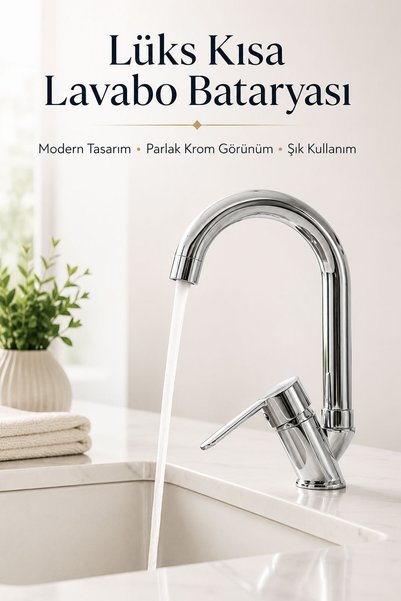 Badem10 Kısa Kuğu Lavabo Bataryası Krom Kaplama Tek Kollu Sıcak Soğuk Su Uyum...