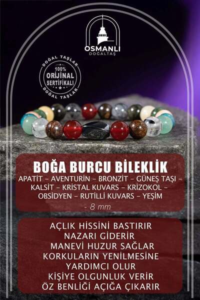 OSMANLI DOĞAL TAŞ Boğa Burcu Bileklik Bronzit, Golden Obsidyen, Güneş Taşı, K...