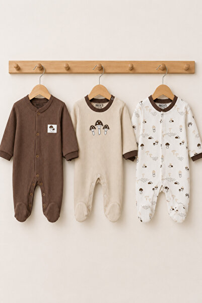 Çocukos Unisex Mantar Desenli Çıtçıtlı 3 Lü Bebek Tulum