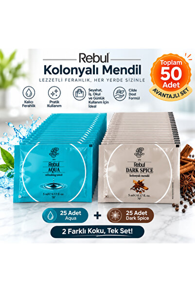 Rebul 50 Adet Kolonyalı Mendil Seti 25 Aqua 25 Dark Spice Tek Tek Paketli 5 ml