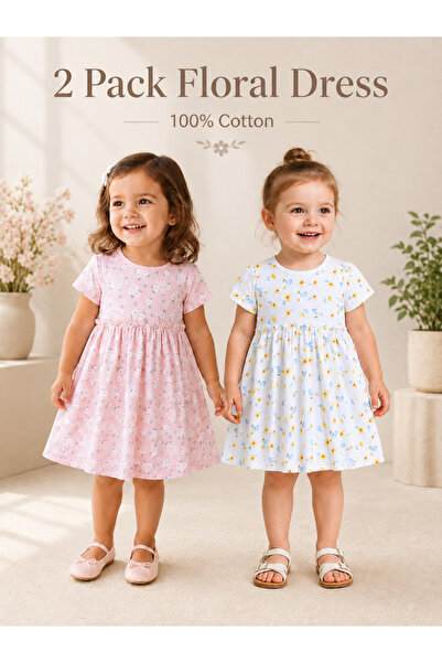 Victor and Jane Girls Daisy Print Cotton Dress – Short Sleeve Summer Daywear