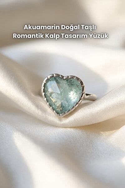 Elifsu Jewelry Romantic Heart Design Ring with Aquamarine Natural Stone