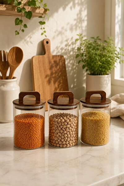 Fhilli Aria- 3-Piece Borosilicate Jar with Bamboo Lid 600 ml Flat