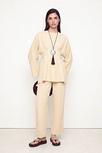 Hooopstore Pile Detailed Beige Blouse and Pants Set