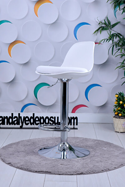 SandalyeDeposu Tesla Krom Ayaklı Bar Sandalyesi Beyaz oturak Beyaz File Döşeme