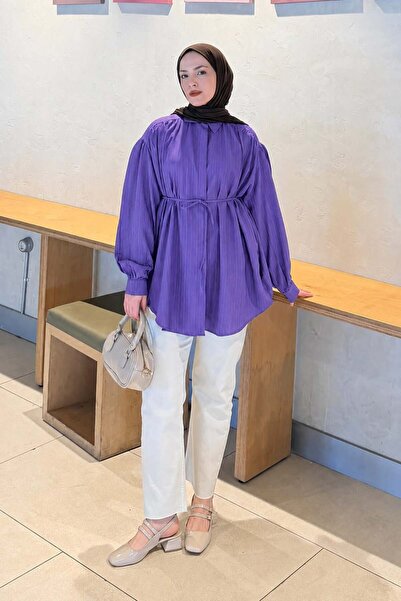 lamelif Lace-Up Detailed Hijab Shirt Purple