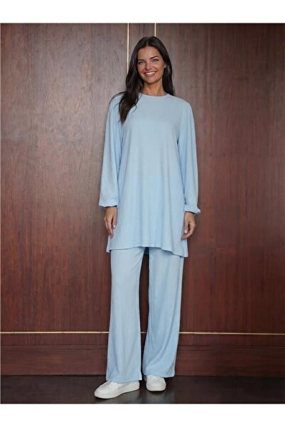 Moda4x4 Women's Clothing Blue Stretchy Textured Off-Shoulder Long Sleeve Tuni...