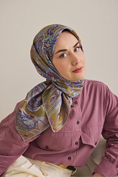 Silk Home وشاح حريري من التويل بنمط زهرة اللوز باللون الأخضر الزيتي 90x90