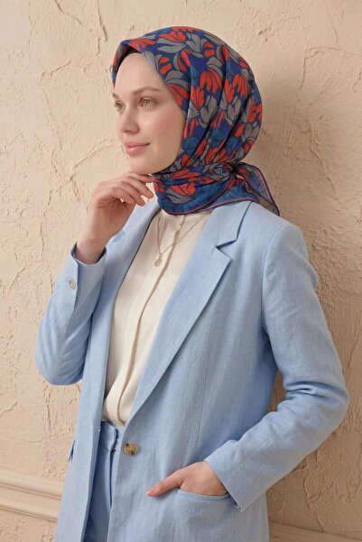 Silk Home Soft Scarf Floral Line Navy Blue 90X90