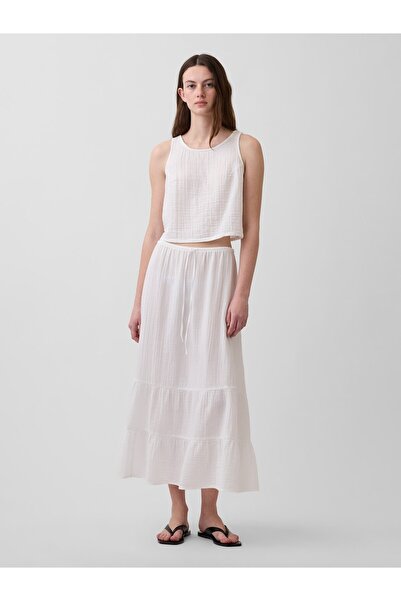 GAP Kadın Beyaz Pamuk Gauze Tiered Easy Maxi Etek
