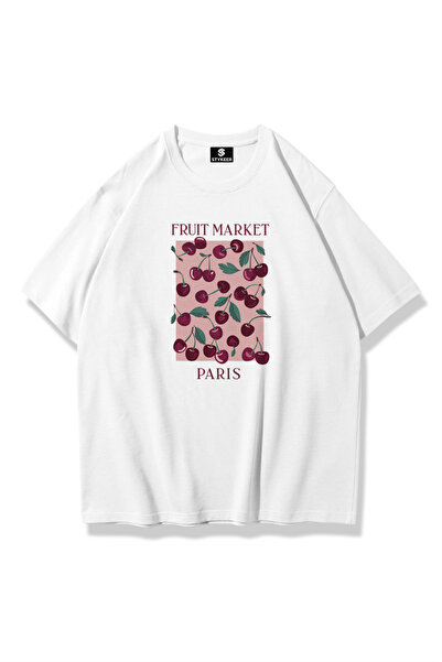 STYKEER تي شيرت كبير الحجم للجنسين مطبوع عليه Fruit Market، تي شيرت أبيض فضفاض