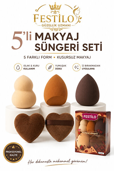 FESTİLO 5'li Makyaj Süngeri Seti Islak Kuru Kullanım Fondöten Pudra Süngeri Y...