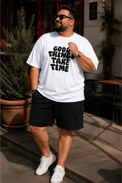 Rubonia Plus Size Women Men Oversize Shorts Set Good Things Take Time Printed Cotton 2-Piece Summer Casual Unisex Tracksuit XL 2XL 3XL 4XL 5XL 6XL 7XL 8XL