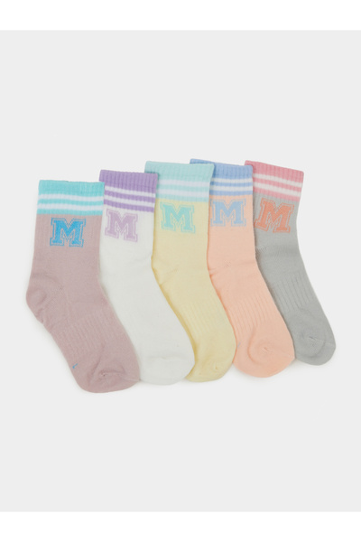 Styli Pack of 5 - Girls Letter Detail Cotton Blend Socks