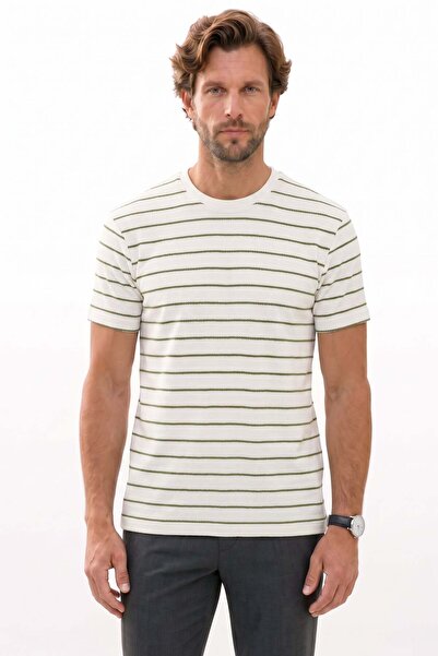 Tudors Men's Regular Fit Comfortable Cut Crew Neck Jacquard Striped Ecru T-Shirt