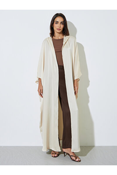 Amirah By Styli Beige Hooded Open Front Abaya